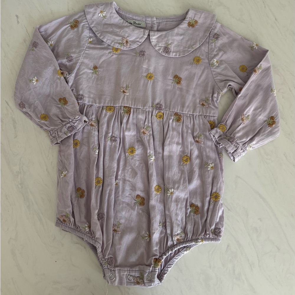 Shirley Bredal Lavender Floral Baby Girl Romper with Peter Pan Collar